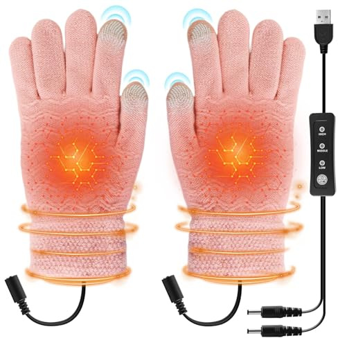 Gants Chauffants USB pour Femme, Gants Hiver Chaud Rechargeables Écran Tactile, Antidérapants 3 Niveaux de Température pour Moto, Ski, Randonnée - Cadeau Hiver (Rose)