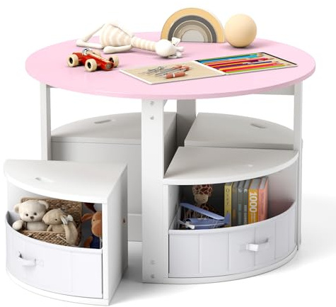 COSTWAY Set Tavolo e Sedie per Bambini a 5 Pezzi, Tavolino Rotondo Salvaspazio con 4 Sgabelli, Ripiano e 4 Cassetti in Tessuto, Set Mobili per Cameretta, Asilo e Disegnare (Rosa)