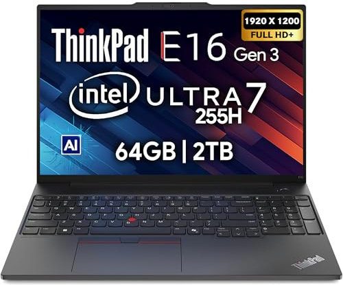Lenovo ThinkPad E16 Gen 3, 16 FHD+, Intel Ultra 7 255H, 64GB DDR5 RAM, 2TB NVMe, Fingerprint, Backlit KB, WiFi 6E, RJ-45, FHD Webcam, Windows 11 Pro, AI Business Laptop - Black