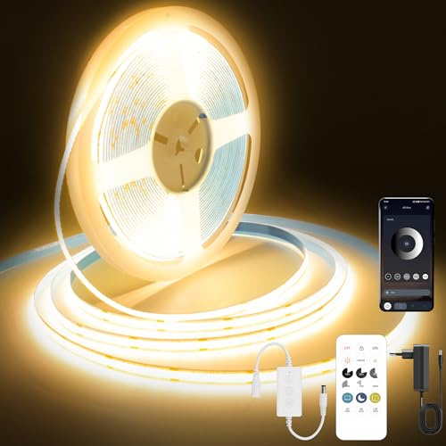 FUIQI 24V COB LED Streifen7.5m,Warmweiß 2700K,mit Fernbedienung | und App dimmbar 0-100%,8mm Breite,CRI 94+,Timer & Memory Funktion,kürzbarer LED band für Küche,Schlafzimmer