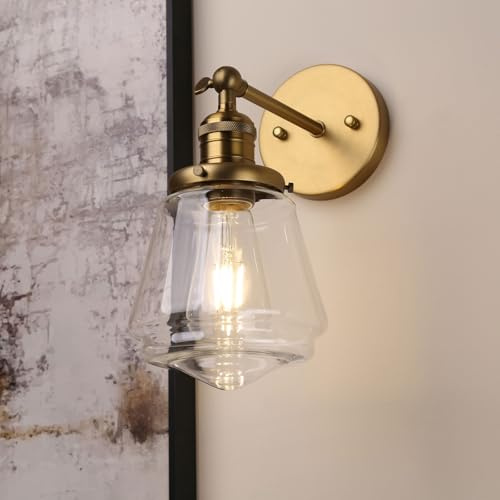Phansthy Industrielle E27 Wandleuchte aus Klarglas Lampenschirm Wandlampe Industrielle Wandbeleuchtung für Esszimmer, Wohnzimmer, Restaurant (Gold Messing)