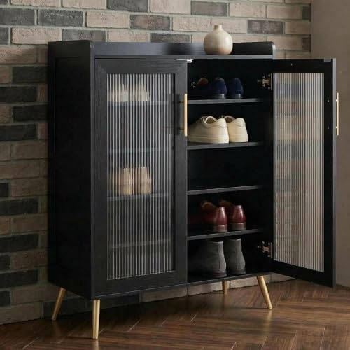 Koioplie Großer Schuhschrank Mit 2 Geriffelten Glas-Türen, 5 Ablagen, Moderner Freistehender Schuhschrank Aus Holz, Schwarz, Stabile Beine, Schuhaufbewahrung Für Flur, Wohnzimmer, Eingangsbereich