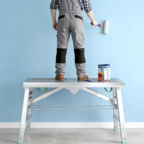 Plataforma Plegable con trampilla, andamio, Plataforma de Trabajo portátil Multiusos, Escalera, Taburete, Altura Ajustable, Carga máxima de 400 kg. Ideal para Bricolaje, decoración y constru