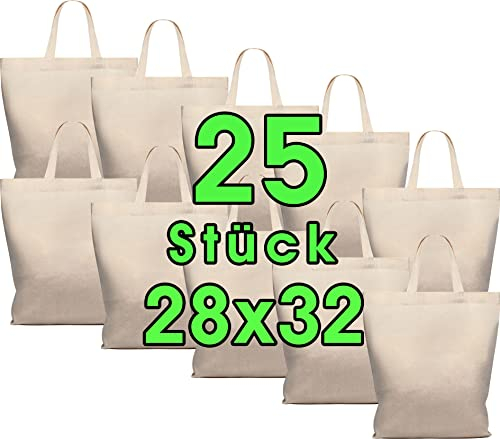 25 STÜCK Baumwolltasche 28 x 32 cm - Jutebeutel mittel – Natur Apothekertasche, Tragetasche, Garn Beutel Geschenktasche ÖKO-TEX® geprüft Stofftasche unbedruckt, kurze Henkel zum bemalen und bedrucken