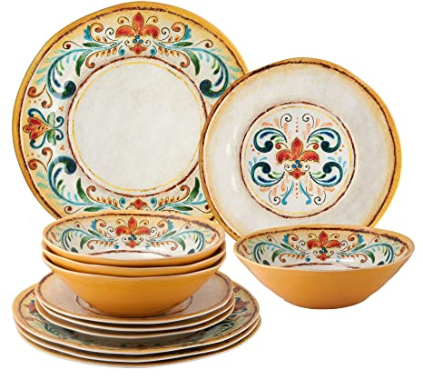 UP ware - Juego de vajilla de melamina Toscana de 12 piezas, juego de platos para exteriores, juegos de platos y cuencos, servicio para 4, multicolor