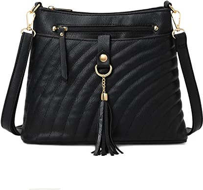 Myhozee Black Cross Body Bag Womens, Shoulder Bag PU Leather Small Handbags Multi Pocket Satchel Tassel Crossbody Messanger Bag for Ladies & Girls