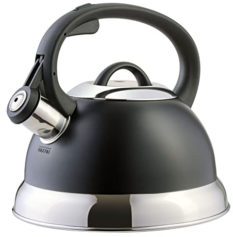 Mr. Coffee Flintshire 1.75-Quart Stainless Steel Whistling Tea Kettle with Nylon Handle – Matte Black Stove-Top Kettle for Boiling Water
