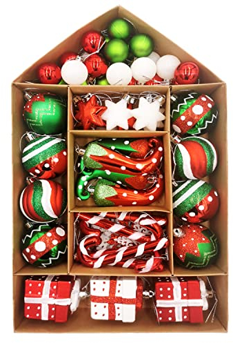SVNVIOZ 70 Stück Weihnachtskugeln Set rot grün weiß, Christbaumkugeln Kunststoff Deko Weihnachten, Bruchsicher Weihnachtsbaumschmuck mit Aufhänger, Weihnachtsbaumkugeln für Weihnachtsdeko Innen Aussen