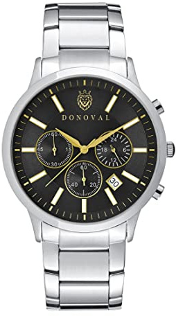 DONOVAL Chronostar Armbanduhr 43 mm, Quarzwerk und Stoppuhr, mit Edelstahlgehäuse und Armband., silber / schwarz, 43 mm