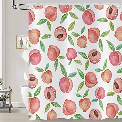 Hnmdmyi Duschvorhang Rosa Pfirsich 180x200, Allover Früchte Grünes Blätter Duschvorhänge Aquarell Hell Bunt Ästhetisch Badewanne Vorhang Wasserdicht Polyester Stoff Waschbar Badevorhang mit Haken