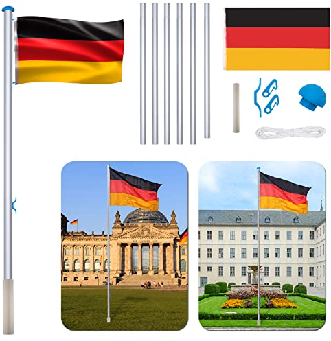 YRHome 6,5 m, mástil de bandera, aluminio, incluye cuerda, manguito de suelo, cuerda, gancho de cierre, 150 x 80 cm, 5 diferentes alturas ajustables, bandera alemana