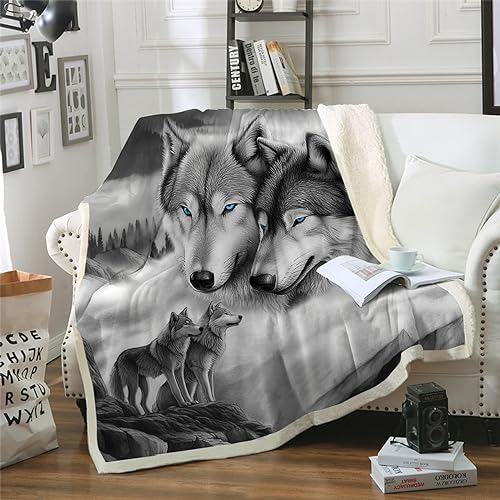 WONGS BEDDING Kuscheldecke Flauschig Sherpa Decke 3D Wolf Kinder Fleecedecke Wohndecke Grau Warm Sofaüberwurf Decke Sofadecke Couchdecke Tagesdecke für Bett & Sofa, 150x200 cm