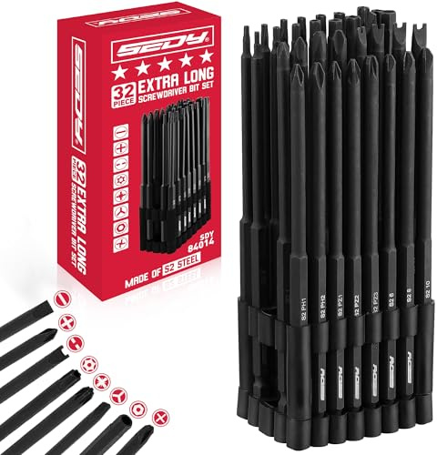 Extra langes Sicherheits-Bit-Set:32 Stück S2 Stahl Schraubendreher Bohrer für manipulationssichere Schrauben, 6 Zoll Torx, PoziDriv, Schraubenschlüssel, Tri-Wing - Universal 1/4 Zoll Sechskantschaft