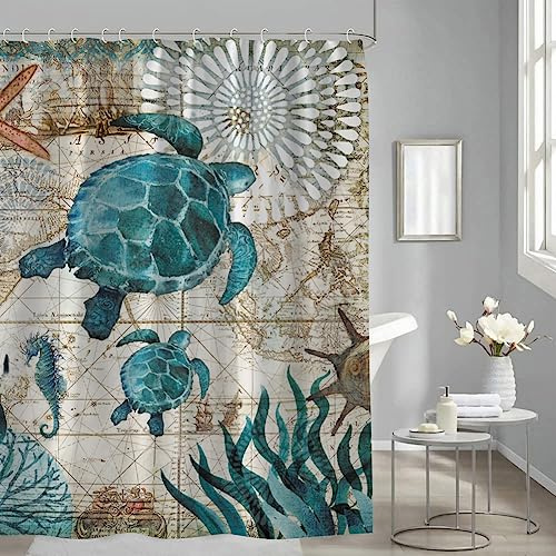 MUSOLEI Rideau de Douche Anti-moisissure Salle de Bain Rideau Baignoire 180x180 Mer Tortue Marine Beaux Imprimés en Tissu Imperméable avec 12 Crochets Résistant Facile à Installer (Océan 10)