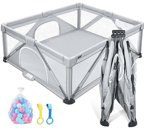 Parque Infantil 150x150cm Corralito para Juegos de Bebe Plegable con Bolsa de Transporte y Manta 50 Bolas y Paneles de Seguridad HDPE Sin BPA Parque Bebé Interior y Exterior 4 agarres Desarrollo Gateo