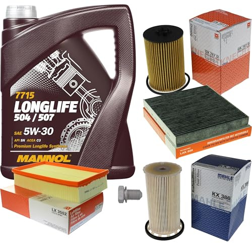 Inspektionspaket Wartungspaket Filterset mit 5 L Motoröl Longlife 5W-30, Ölfilter, Luftfilter, Kraftstofffilter, Innenraumfilter (Aktivkohle), Verschlussschraube