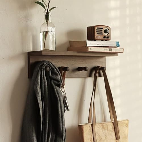XAOHOME Perchero de entrada con estante, estante organizador de pared flotante de madera resistente con 4 ganchos para entrada, vestíbulo, cocina, baño, etc. (acabado de nogal)