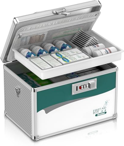 Glosen Medizin Box mit Zahlenschloss, Medikamenten Aufbewahrung Verschließbare Box, Aufbewahrungsbox Medikamentenbox mit Code-Schloss, 30.5×19.5×20 cm