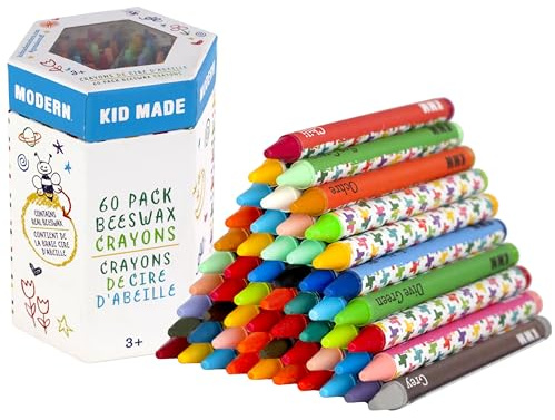 Kid Made Modern Beeswax Crayons for Toddlers & Kids (60 Pieces) - Coloring Non Toxic Crayons with Case & Built-In Sharpener (Ages 3+)