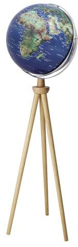 TROIKA Standglobus Ø 43 cm, SPUTNIK Globus auf echtem Eichholz-gestell, Höhe 1,40m, Globus drehbar auf 2 verchromten beweglichen Achsen, physische & politische Karte mit Kartenrelief