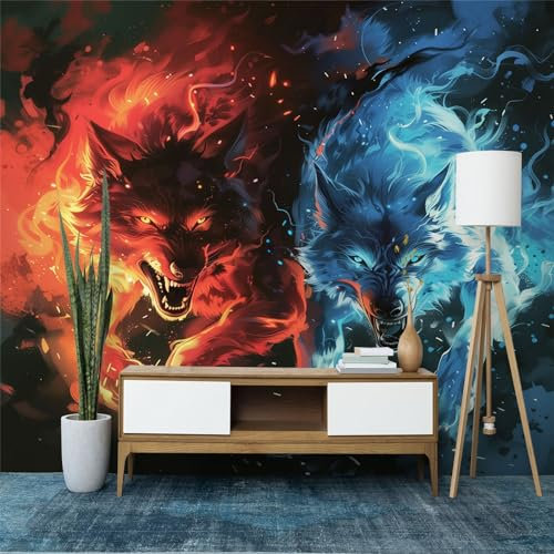 Fototapete Rot Wanddekoration, Fantasy Wolf mit Tiermotiv Tapeten Wandtapete 250 x 175 cm (B x H), für Wohnzimmer Schlafzimmer Wandtapete Panorama Poster Wandbild für Kinderzimmer