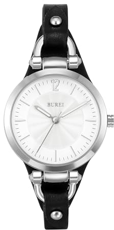 BUREI Uhr Demen Elegante Lederarmband Armbanduhr Damen Klassisch Analog Quarz Damenuhr Geschenke für Frauen (schwarz)