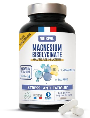 Magnésium Bisglycinate 1500 mg - 1mois - Vitamine B6 - Stress, Fatigue & Sommeil - Haute Absorption & Haute Concentration - 120 Gélules - Fabriqué en France - Nutrivie