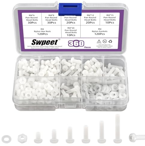 Swpeet 360 pcs, 6 tamaños, M4, tapas de nylon blancas, tornillos de cabeza redonda con tuercas hexagonales y juntas, kit de surtido, tornillo de cabeza Phillips Cross Pan redondo, tornillos de máquina