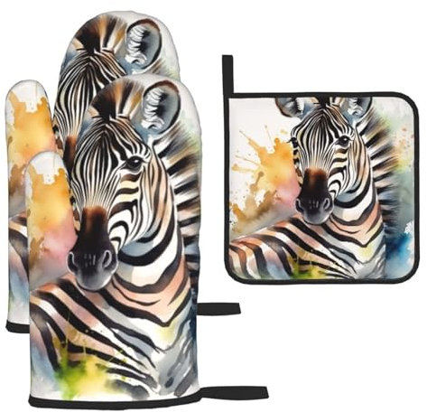 3 Piece Oven Mitts and Pot Holders Set Heat Resistant Oven Gloves and Potholders BBQ Gloves Hot Pads Cute Zebra Watercolor Cooking Gloves for Kitchen Baking Grilling