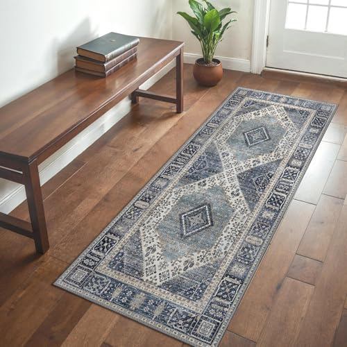 GENIMO Orientalisch Vintage Läufer Dunkelblau Waschbar 80x200 cm | Klassisches orientalisches Medaillonmuster in Dunkelblau, waschbar und rutschhemmend – als Läufer für Flur und Küche.