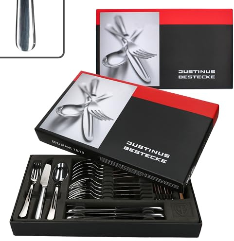 Justinus Style Art 60tlg Komplett-Besteck-Set I für 12 Personen I weiches & abgerundetes Design I aus rostfreiem poliertem 18/10 Edelstahl & Klingenstahl I Gabel, Messer & Löffel