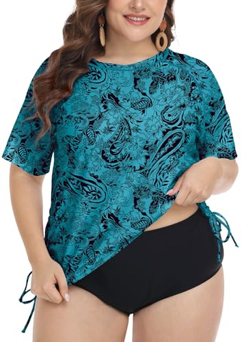 FOREYOND Plus Size Swim Tops Women Short Sleeve Rash Guard Shirts UPF 50+ Sun Protection Swimwear Swim Suits, Blue Black Floral, 5XL Plus