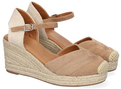 shoes&blues.es 91792 Sandalia de Cuna de Yute para Mujer, Comodo y Elegante, Diseno Moderno con Detalles de Costura en la Pala y Cierre de Hebilla, Ideales para Primavera-Verano. Taupe Talla 37