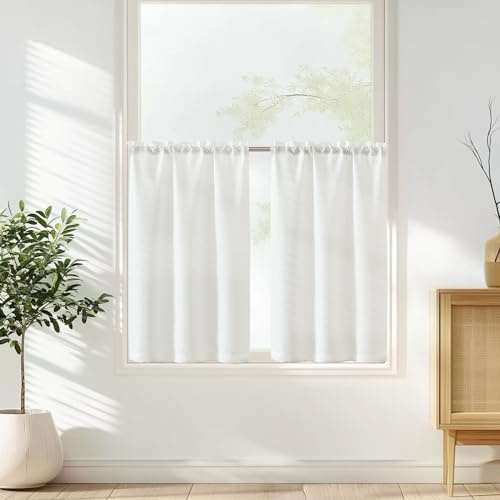 Vangao Scheibengardinen Modern Küche Weiß Bistrogardine 2er Set 90Bx75H cm mit Stangendurchzug Gardinen Kurz Lichtdurchlässig Leinenoptik Küchengardinen für Kleine Fenster Wohnmobil Küchenfenster