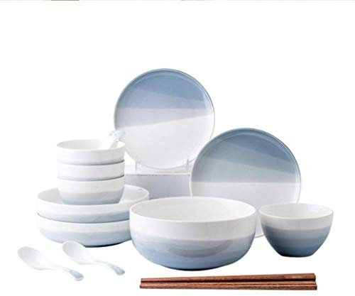 SGKOMN Set di stoviglie in Porcellana da 17 Pezzi, Dipinto a Mano con Pittura a Gradiente, Set di Combinazione in Ceramica sotto Smalto, Servizio per 4 Persone