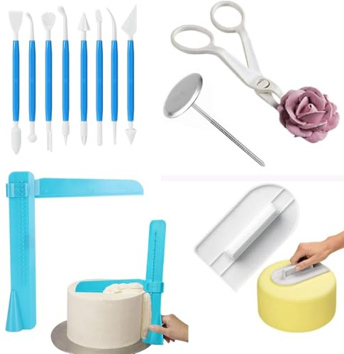 Tohrugue 12 Pcs Outils de Modelage de Gâteaux,Outils de Modelage de Fondant,Réglable Gâteau Plus Lisse,Sculpture,Cake Aiguille de Fleur Clou,Ciseaux en Plastique,Cuisine Moule De Cuisson Outil