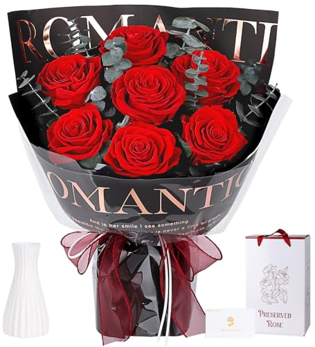 Preserved Flowers Bouquet 7 Roses - Red Real Rose & Flowers for Delivery, Eternal Roses Bouquet with Gift Box, Mothers Day Gifts for Mom Grandma Wife, Anniversary Birthday Gifts for Women, Black