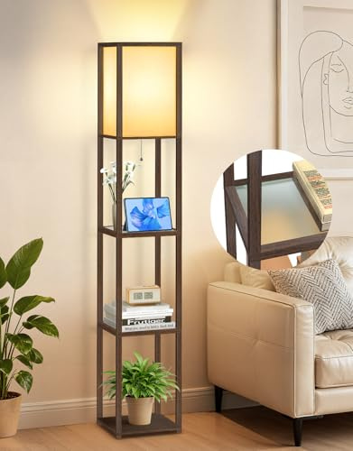 OUTON Lampada da Terra con Ripiani in Vetro, Temperature di Colore Regolabili 3000K–6000K, Piantana LED Moderna a Colonna, Lampada d’Angolo in Legno per Soggiorno, Camera da Letto, Ufficio (Marrone)