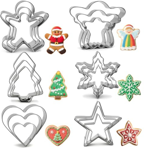 Christmas Cookie Cutters Set - 18 Pieces 6 Shapes - Gingerbread Man, Christmas Tree, Snowflake, Angel, Heart, Five Star - Stainless Steel Metal Biscuit Molds for Winter Holiday Baking Food Party Decor