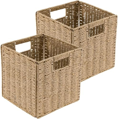 Cesta de almacenamiento de 25 x 25 x 25 cm, organizador de cubos tejidos estilo mimbre con asas, caja de almacenamiento decorativa duradera y ecológica para baño, dormitorio, sala de estar