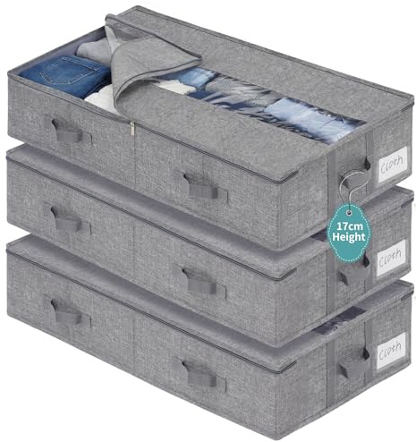 GARPROVM Stabil Unterbett Aufbewahrungsbox 3er Set, 76x40x17cm Formstabil Unterbettkommode Unterbettbox mit Mitte Reißverschluss Unterbett Aufbewahrung für Bettdecken Kleidung Bettwäsche Decken