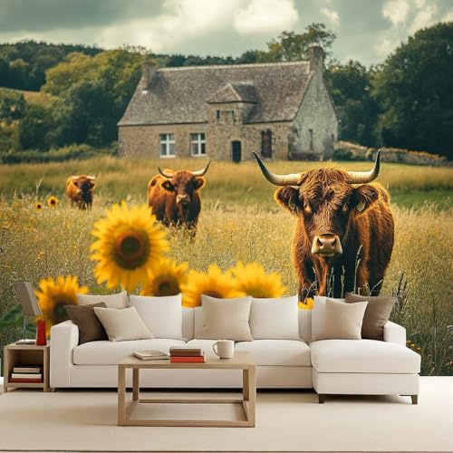 Fotomurale Highland Cow Carta da parati murale 400x280 cm TNT Murale Scena Pastorale alla moda Decorazione da Muro XXL Poster Gigante Design Carta per pareti Animale
