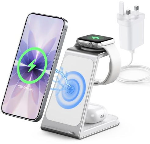3 in 1 Wireless Charging Station for iPhone,Aluminum Alloy Fast Wireless Charger Stand for iPhone 17/16/15/14,Phone and Watch Charger Stand for Apple Watch,for AirPods (White)