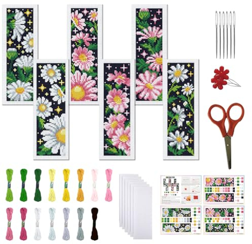 FREEBLOSS 6 Set Kreuzstich Lesezeichen Set 11 CT Gestempeltes Kreuzstich Set DIY Stickerei Lesezeichen Sets Für Erwachsene Anfänger Mit Anleitung Gänseblümchenmuster 6 x 20cm