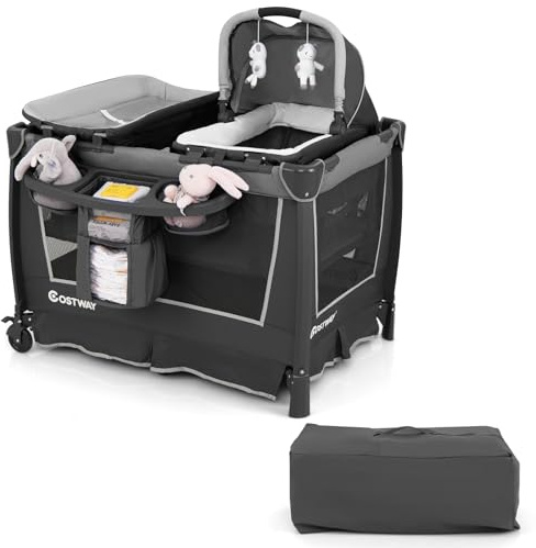 COSTWAY 5 in 1 Beistellbett Baby, Reisebett mit abnehmbarem Stubenwagen & Wickelauflage, Kinderreisebett mit Matratze, Tragetasche & Rollen, Babybett faltbar & tragbar, 103 x 74 x 73 cm (Grau)