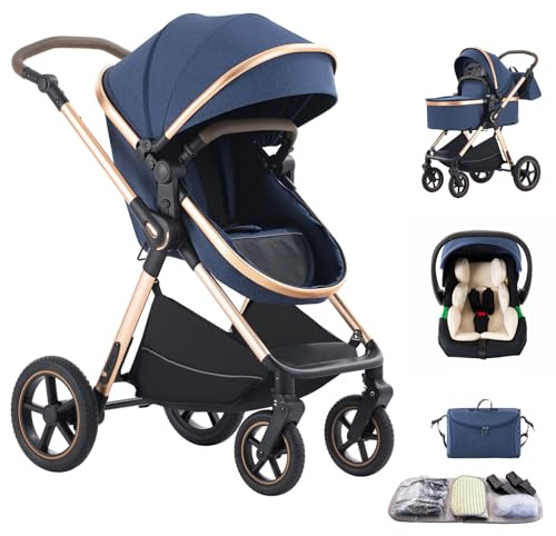 Shineey 3 in 1 Baby Stroller Travel Systems Pushchair Aluminium Frame High Landscape Combined Strollers Lightweight Folding Stroller for Height Compact Stroller (D2BLUE-N, H2-D)