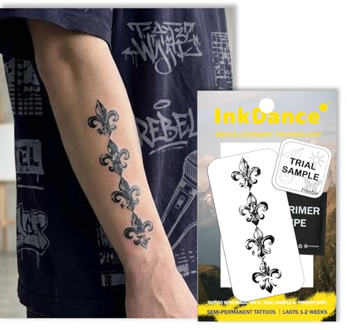 InkDance Semi-Permanent Tattoo, Gothic Fleur De Lis, Vertical French Lily, Long Lasting Temporary Tattoos, Waterproof Plant-Based Ink, Lasts 1-2 Weeks, Color Develops in 24 Hours D293