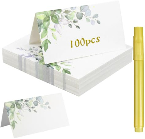 100 Pieces Place Cards, Blank Green Leaf Name Place Cards with 1 Marker Pen, Table Name Card, Wedding Name Card for Communions, Birthdays, Festivals, Parties, Christenings