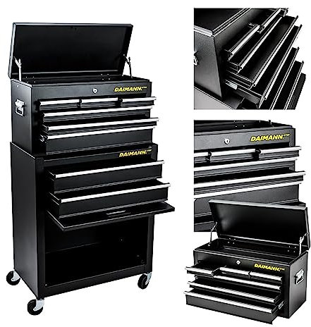 DAIMANN Carrello Porta Attrezzi da Officina con Serratura - Valigetta 9 Scomparti - Carrello Portautensili per Meccanici e Professionisti - Carrello in Metallo con Ruote in Gomma - 109x62x33,5cm Nero