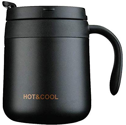 Gteller Tazza da caffè in acciaio inox, a doppia parete, isolata, con coperchio e manico, per mantenere le bevande calde e fredde (nero)